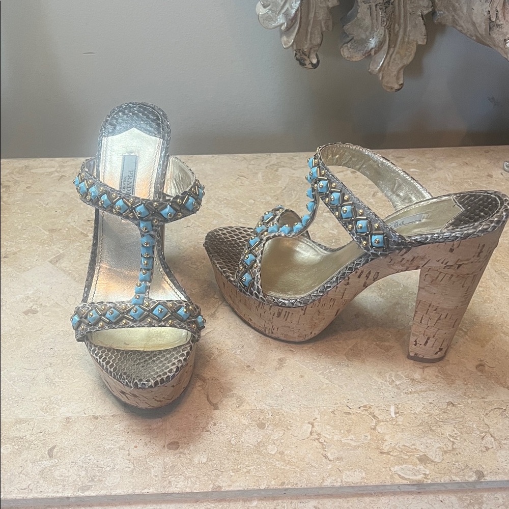 Prada snakeskin platform heels with turquoise and gold stud accents. Cork heel